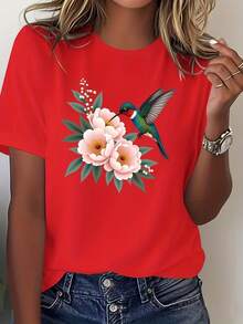 Camiseta suave 100% algodón para mujer, de manga corta y estilo casual - Estampado divertido de colibrí y ramo de peonías, suave, transpirable y pura, cuello redondo de corte holgado, cómoda para todas las estaciones, blanca con diseño floral vibrante, camiseta para mujer, confort diario, diseño inspirado en la naturaleza, camiseta de algodón transpirable, combina con todo. - Rojo - Ver 7