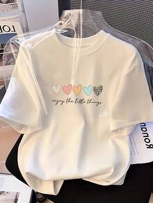 Blusa de manga corta con cuello redondo para niñas - Verano 2025, nueva camiseta casual holgada con corazón, top de manga corta con cuello redondo, lavable a máquina, atuendo casual para primavera, verano y otoño para reuniones de juego (y niñas pequeñas) 2025, transpirable y cómoda. - Blanco - Ver 11