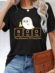 Camiseta con estampado de elementos químicos de 1pscY-Glasses, manga corta, cuello redondo, estilo casual para verano y primavera, ropa de mujer 100% algodón. - Negro - Ver 7