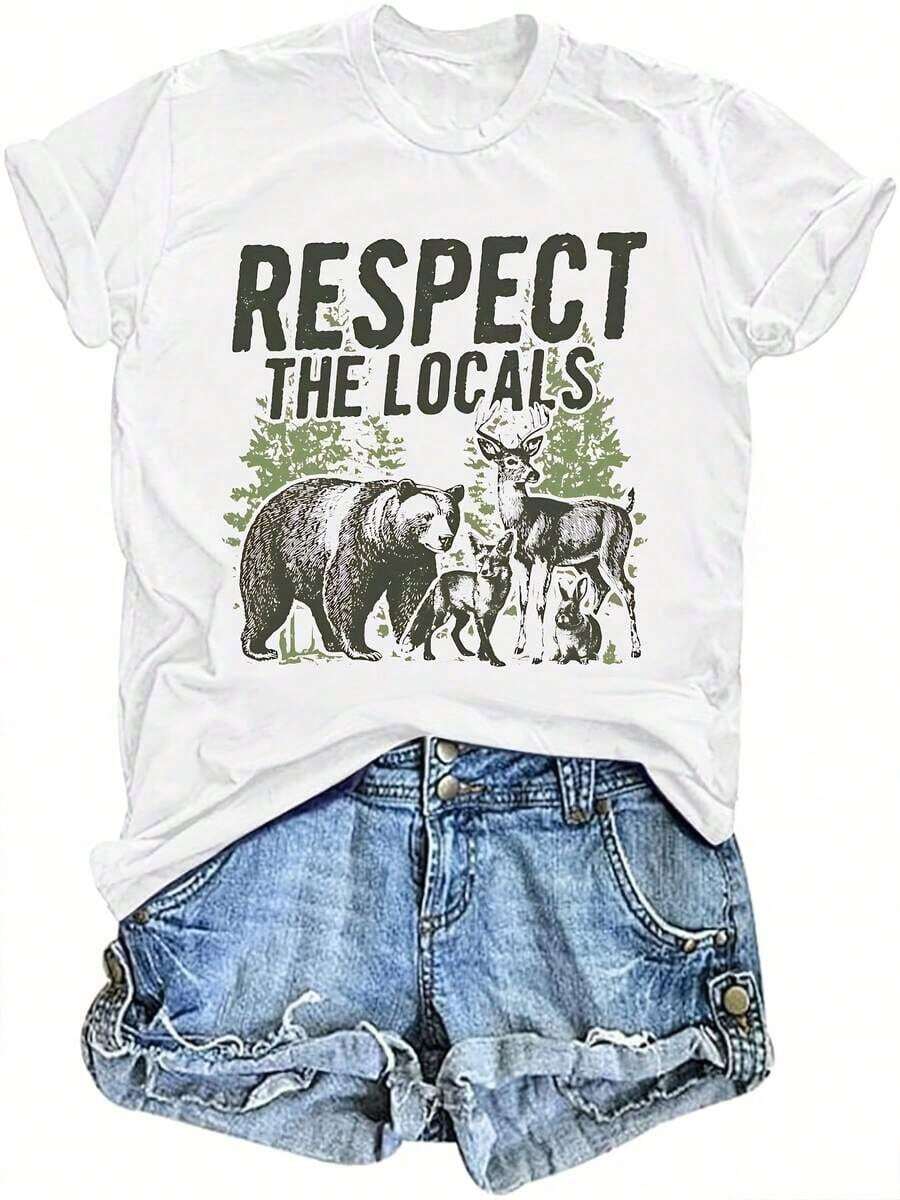 1 camiseta "Respect The Local Wildlife", camiseta de naturaleza, camiseta rústica con estampado de oso, ciervo y lobo de montaña, camiseta de regalo para campamento, 180g 100% algodón, los diseños están impresos. Unisexo. - Blanco - Ver 1