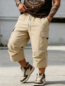 Pantalones cortos casuales de unicolor para hombre de talla grande con bolsillos, pantalones casuales rectos y sueltos para hombre de talla grande, pantalones de talla grande para hombre, pantalones deportivos sueltos de color negro, pantalones deportivos para hombre, pantalones cortos para hombre, regalo para el esposo - Caqui - Ver 2