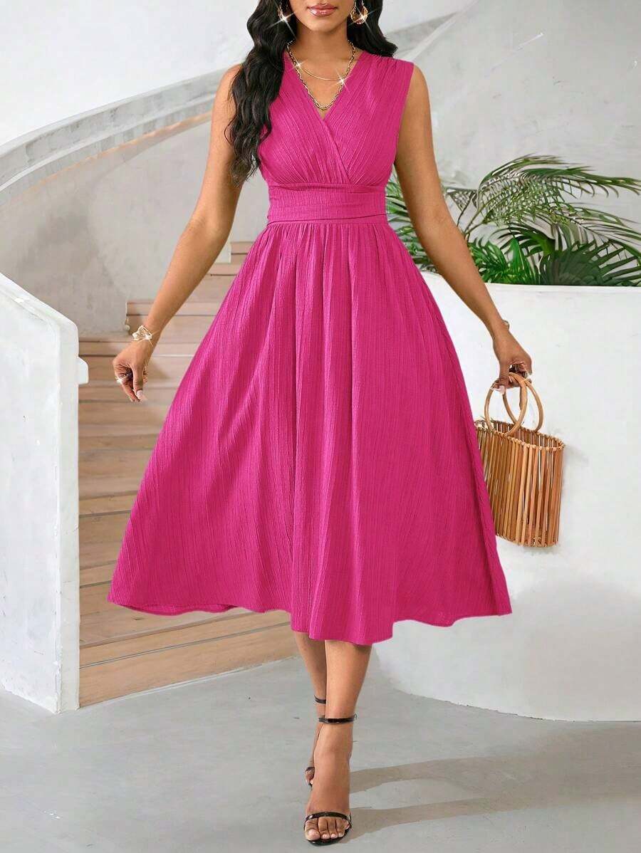 Vestido veraniego sin mangas de mediana longitud para mujer, de tela tejida con textura en color verde - Rosa Fucsia - Ver 1