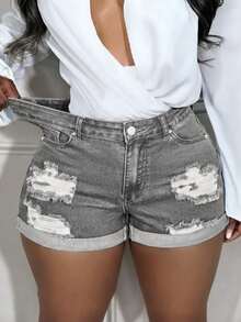 Pantalones cortos vaqueros de talla grande para mujer de verano, informales, con dobladillo enrollado y elástico, color gris desgarrado, pantalones cortos vaqueros ajustados y sexys - Gris - Ver 1