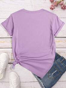 Women's Oversized Purple Summer T-Shirt With Floral Print And The Phrase "I Don't Care Thanks". Casual Short-Sleeved Purple T-Shirt With A Fun Phrase, Ideal For Youthful Looks. - YH422-紫色 - 查看 3