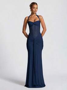 Vestido con tirantes finos, espalda descubierta, cintura ceñida y abertura alta, vestido de fiesta de vacaciones con parches de malla para boda - Azul marino - Ver 1