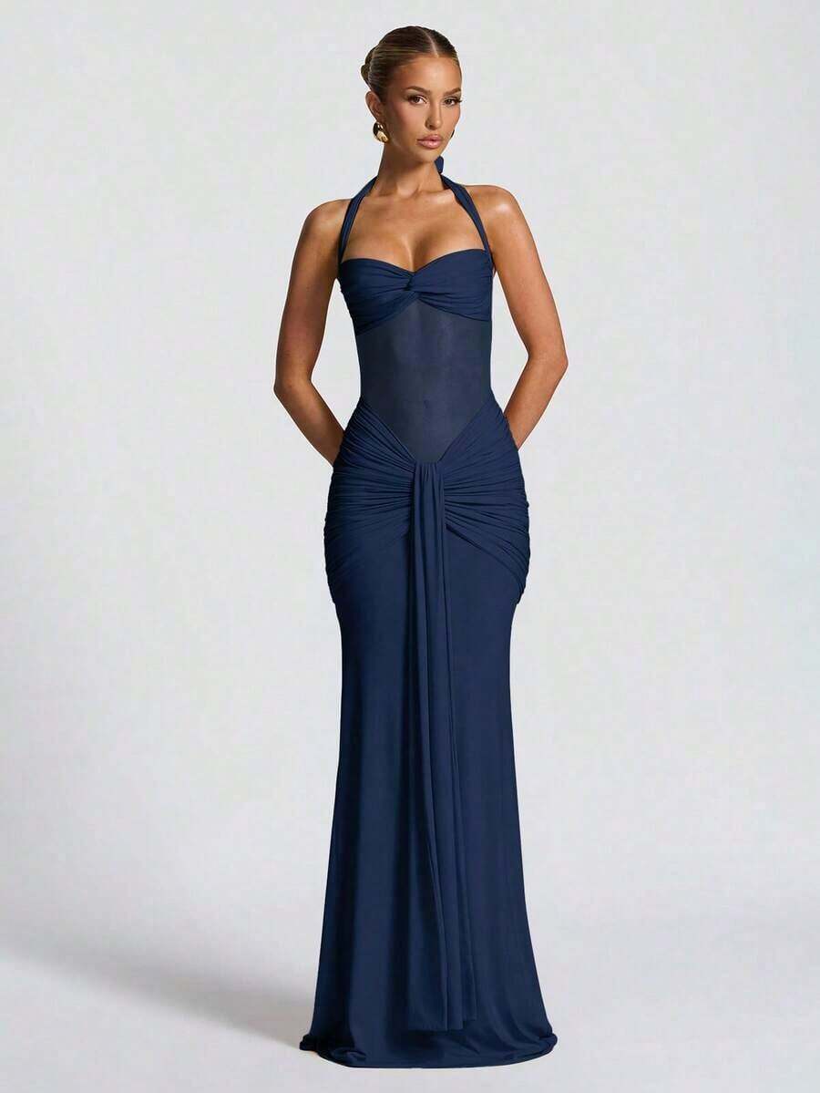 Vestido con tirantes finos, espalda descubierta, cintura ceñida y abertura alta, vestido de fiesta de vacaciones con parches de malla para boda - Azul marino - Ver 1