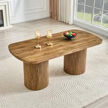Modern Oval Dining Table With Fluted Central Leg, High Quality MDF Top With Wood Look, In Wabi-Sabi And Mid-Century Style For The Kitchen. - 自然色 - 查看 9