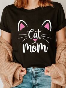 Camiseta de manga corta con cuello redondo y estampado de letras de moda con polvo para gatos, top casual para primavera y verano, ropa de mujer - Negro - Ver 6