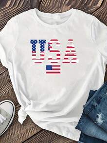 Camiseta clásica con estampado "USA", ropa de mujer, camiseta, nuevo estilo, camiseta de verano, top más vendido. - Blanco - Ver 6