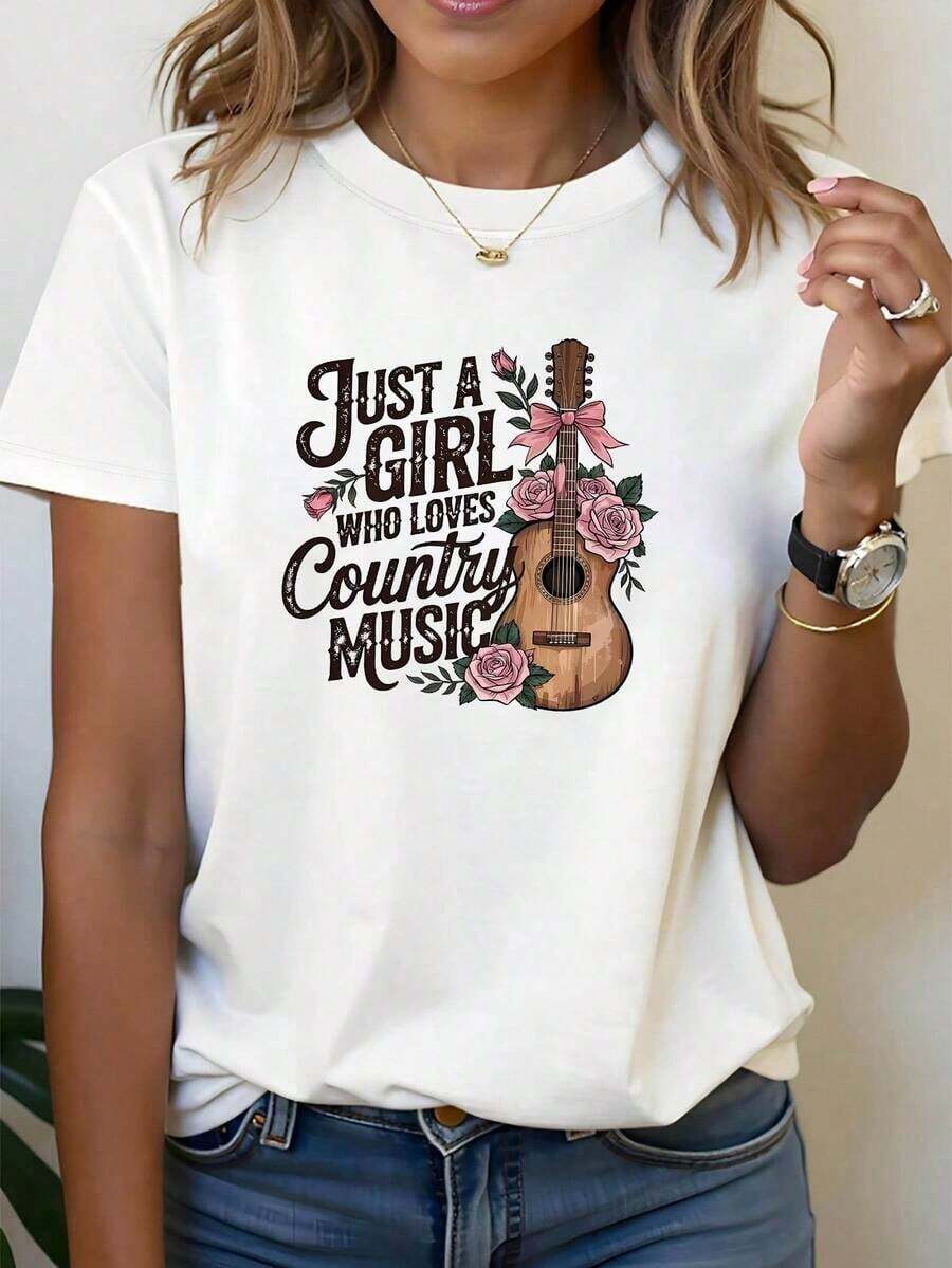 SummerJust "WHO LOVES Country Music" Letter Print T-Shirt, Short Sleeve, Crew Neck, Casual Style For Summer And Spring, Women's Clothing. Women's Short Sleeve T-Shirt, Basic Style For Indoor And Outdoor Wear. - 白色的 - 查看 1