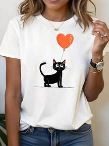SummerCamiseta Casual de Manga Corta con Cuello Redondo para Mujer, Estampado de Gato con Globo de Corazón, Primavera/Verano, Atuendo Diario, Regalo para VacacionesFashion All-match Women's Short Sleeve T-shirt, Basic Style for Inner & Outer Wear - Blanco - Ver 6