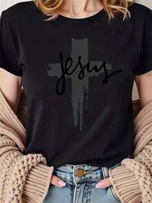 2026Camisetas Gráficas de Moda para Mujer - Estampado "Jesús: Símbolo de Fe y Fuerza", Mangas Cortas, Cuello Redondo, Secado Rápido.Lavable a máquina, textura suave - Perfecta para ocasiones casuales y formales. 100% algodón, transpirable para el verano. Ideal como regalo. Camiseta de mujer. Blusas > Camiseta elegante. - Negro - Ver 1