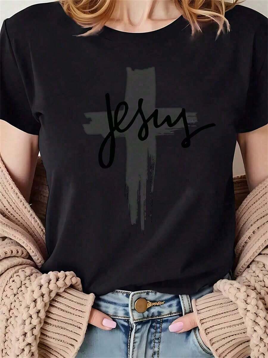 2026Camisetas Gráficas de Moda para Mujer - Estampado "Jesús: Símbolo de Fe y Fuerza", Mangas Cortas, Cuello Redondo, Secado Rápido.Lavable a máquina, textura suave - Perfecta para ocasiones casuales y formales. 100% algodón, transpirable para el verano. Ideal como regalo. Camiseta de mujer. Blusas > Camiseta elegante. - Negro - Ver 1