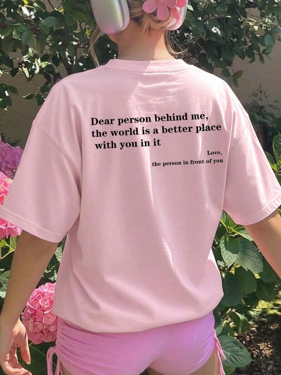 Women's Casual Short-Sleeve T-Shirt With Round Neck And Slogan Print, Suitable For Spring And Summer, Fashionable And Versatile For Everyday Wear. Women's Holiday Sets, Printed T-Shirts, White Top, Black Top, Pink Top - 粉色 - 查看 1