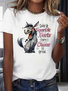 Giddy Up Sparkle Farts Theres Chaos To Spread Camiseta de burro con gráfico de animal de dibujos animados divertido, top casual para mujer, ropa para fiestas y vacaciones 220mgropa de calor mujer - Blanco - Ver 1