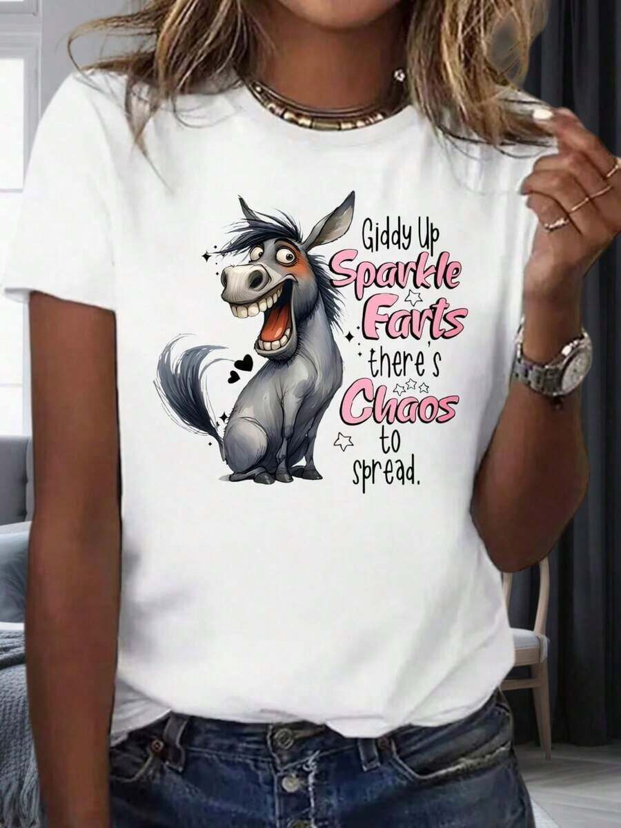 Giddy Up Sparkle Farts Theres Chaos To Spread Camiseta de burro con gráfico de animal de dibujos animados divertido, top casual para mujer, ropa para fiestas y vacaciones 220mgropa de calor mujer - Blanco - Ver 1