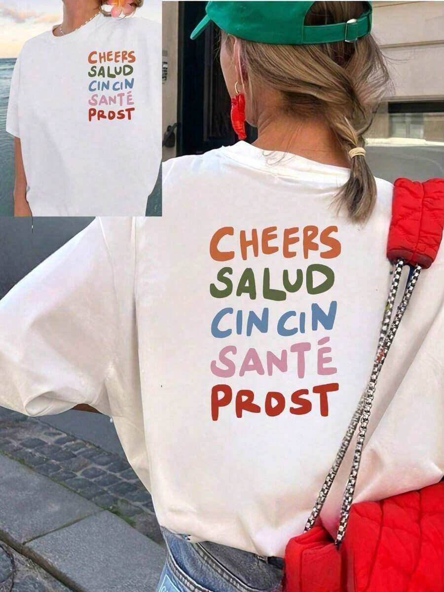 Camiseta de mujer con estampado de 'Salud' - Cuello redondo casual, manga corta, blanco con letras coloridas, diseño cómodo y clásico para atuendos informales, camiseta de mujer. Blusas Bonito 100% Algodón - Negro - Ver 1