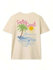Estilo Y2K, estilo moderno, lo más nuevo de 2026, estilo lindo, estilo casual. SALTY SOUL Camiseta de manga corta con cuello redondo y estampado de cocotero y sol para mujer, primavera/verano, versátil y a la moda, esencial para uso diario y vacaciones.Camiseta Estampada de Vacaciones para Mujer, 100% Algodón, 180g (Tallas S-XXXL) - Albaricoque 3 - Ver 3