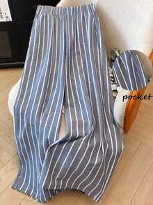 Pantalones casuales holgados de cintura ancha con rayas Elastic para mujer - Niebla azul - Ver 3