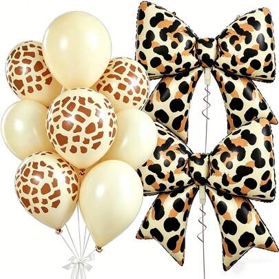 10pcs Brown Deer Print Balloons, Leopard Print Bow Balloons, 30.48cm & 81.28cm Large Heart Shaped Balloons, 96.52cm Helium Bow Foil Balloons, Suitable For Wedding, Valentine's Day, Proposal, Baby Shower, Anniversary Party Decoration