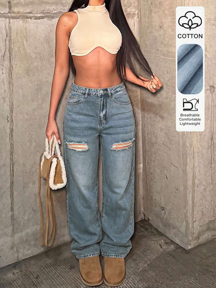 Celana Jeans Denim Sobek yang Modis & Seksi, Desain Kasual untuk Semua Musim Semi - Light Wash - View 1