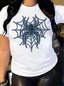Free Shipping, Local Delivery In Mexico, Delivery In 4 Days. White Spider In A Scarlet Web Print T-Shirt With A Striking Design For Urban And Alternative Style. - White (Blue Spider) - View 5