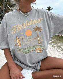 Florida Palm Tree Pattern T-Shirt -Women's Casual Vacation Short Sleeve T-Shirt, Round Neck Short Sleeve Top,Summer Outfits For Women - Summer Tops - 淺灰色 - 查看 1