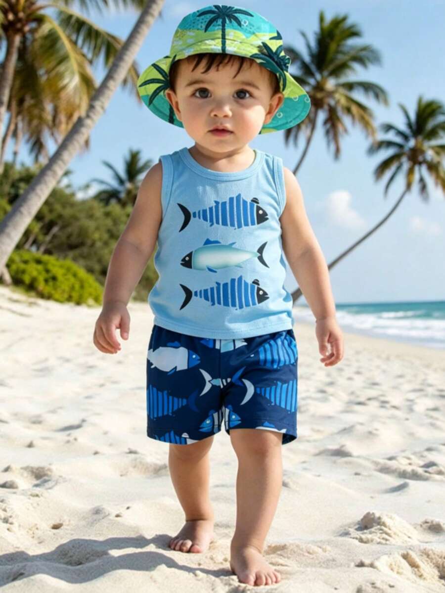 Bộ 2 áo ba lỗ in hình cá mập dễ thương cho bé trai kết hợp với quần short in họa tiết toàn thân, trang phục thể thao thoáng khí cho trang phục mặc hàng ngày vào mùa hè