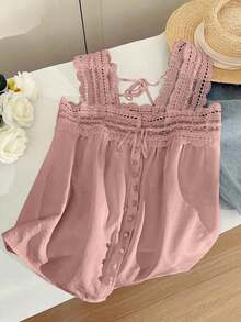 Blusa sin mangas de verano para mujer, de unicolor con parches de encaje - Rosa - Ver 4