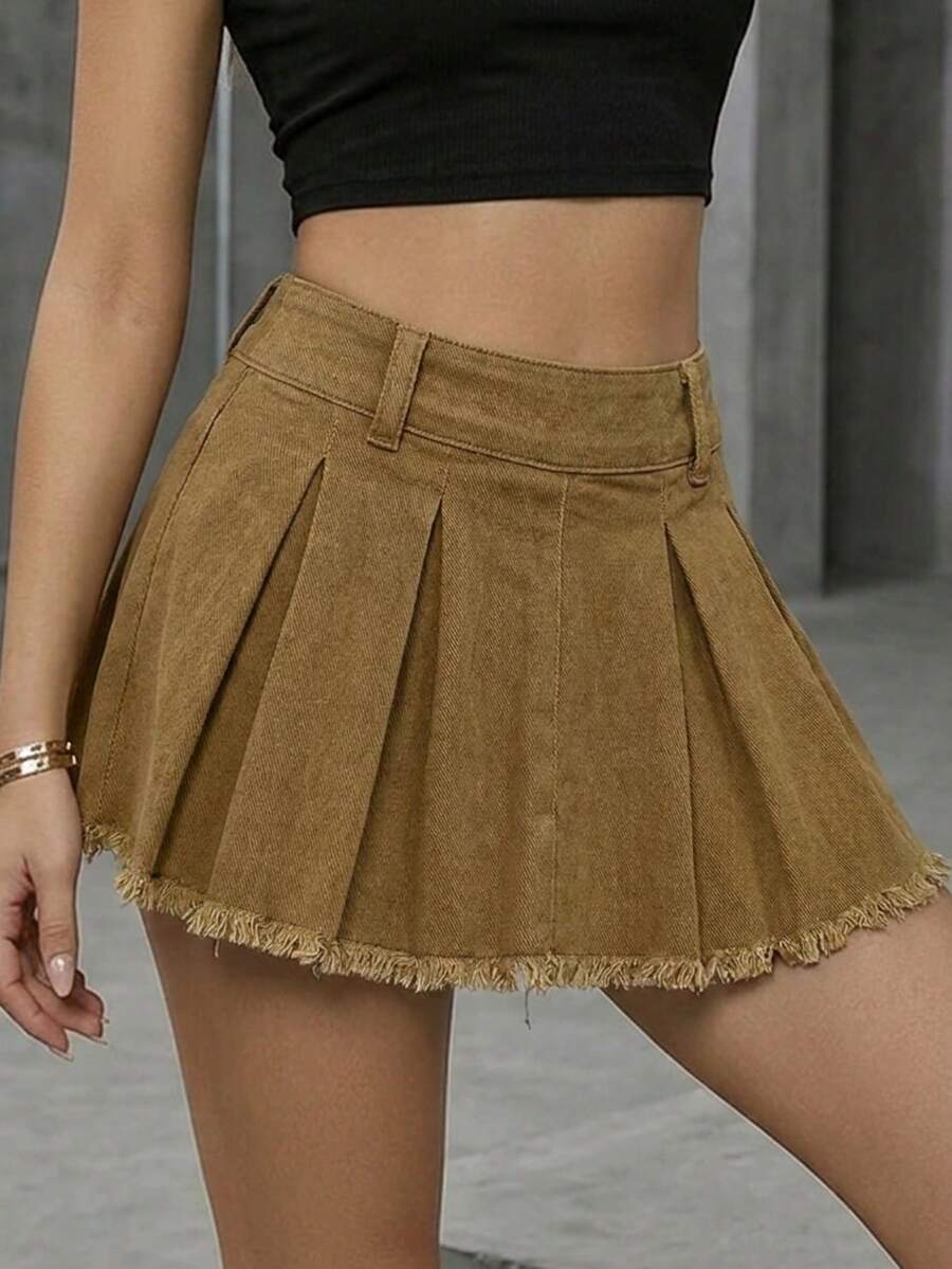 Chân váy mini denim xếp ly bằng cotton phong cách bohemian ngọt ngào và gợi cảm dành cho nữ, thích hợp cho du lịch, hẹn hò, mặc hàng ngày, đi biển, buổi tối và mùa hè. - Màu Mù tạt vàng - Xem 1
