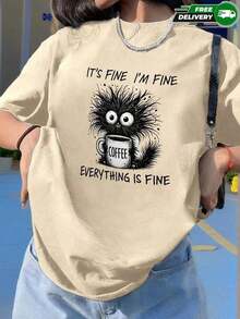Limited EditionCamiseta de manga corta para mujer, adecuada para uso diario, salidas casuales, vacaciones y fines de semana, con estampado de gato negro peludo con taza de café y texto IT'S FINE I'FINE EVERYTHING IS FINE, cuello redondo, sin bolsillos laterales, sin cremalleras, sin botones, fabricada en poliéster, estilo casual y humorístico, para primavera y verano. Envío nacional Algodón ligero - Albaricoque - Ver 2