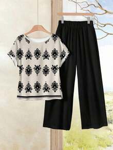 Set de 2 piezas de top de cuello redondo holgado y pantalones de pierna ancha para mujer, conjunto versátil casual para primavera/otoño, conjunto de pantalones y top casual para vacaciones - Multicolor 12 - Ver 5