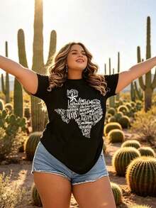 Women's And Unisex Texas Urban Clothing, Oversized Crew Neck T-Shirt For Daily Outings, Camping, Concerts, Hip-Hop, Rock And Rap Events, Pride T-Shirt With Map Design Of Texas Cities And Towns, Soft, Breathable And Lightweight T-Shirt, Casual Summer Outfits, Barbecues, Texas-Themed Events, Machine Washable. - 黑色 - 查看 3
