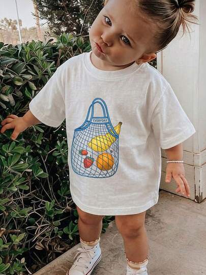 Girls' Casual T-Shirt, Cute Fruit Mesh Print Short Sleeve Top, Soft Cotton, Suitable For Daily Play And Outdoor Activities