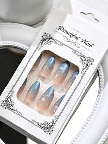 24 piezas de uñas postizas de almendra azul degradado con cobertura completa, brillantes, uñas falsas con corazón y estrella de strass, puntas de uñas falsas reutilizables - Multicolor - Ver 11