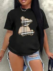 Letter Print T-Shirt, Round Neck, Short Sleeve, Casual Style, Spring Summer, Casual Fashion For Women, 100% Cotton - 黑色 - 查看 1