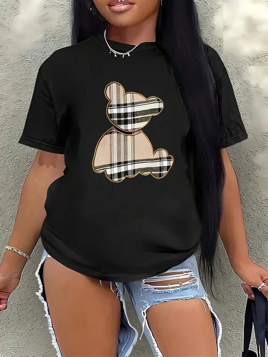 Letter Print T-Shirt, Round Neck, Short Sleeve, Casual Style, Spring Summer, Casual Fashion For Women, 100% Cotton - 黑色 - 查看 1