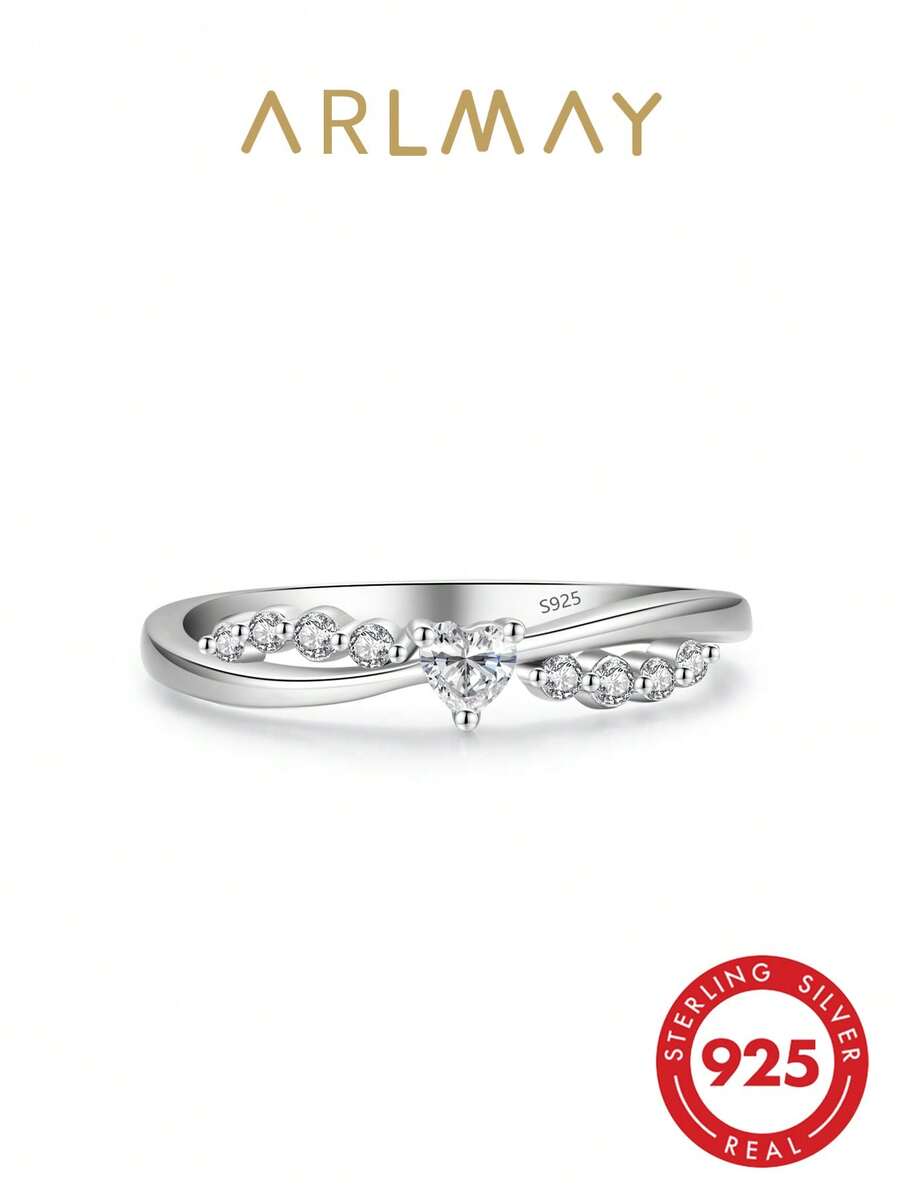 1pc 925 Sterling Silver Shiny Heart-Shaped Ring, Romantic Birthday Gift Jewelry - Silver - View 1