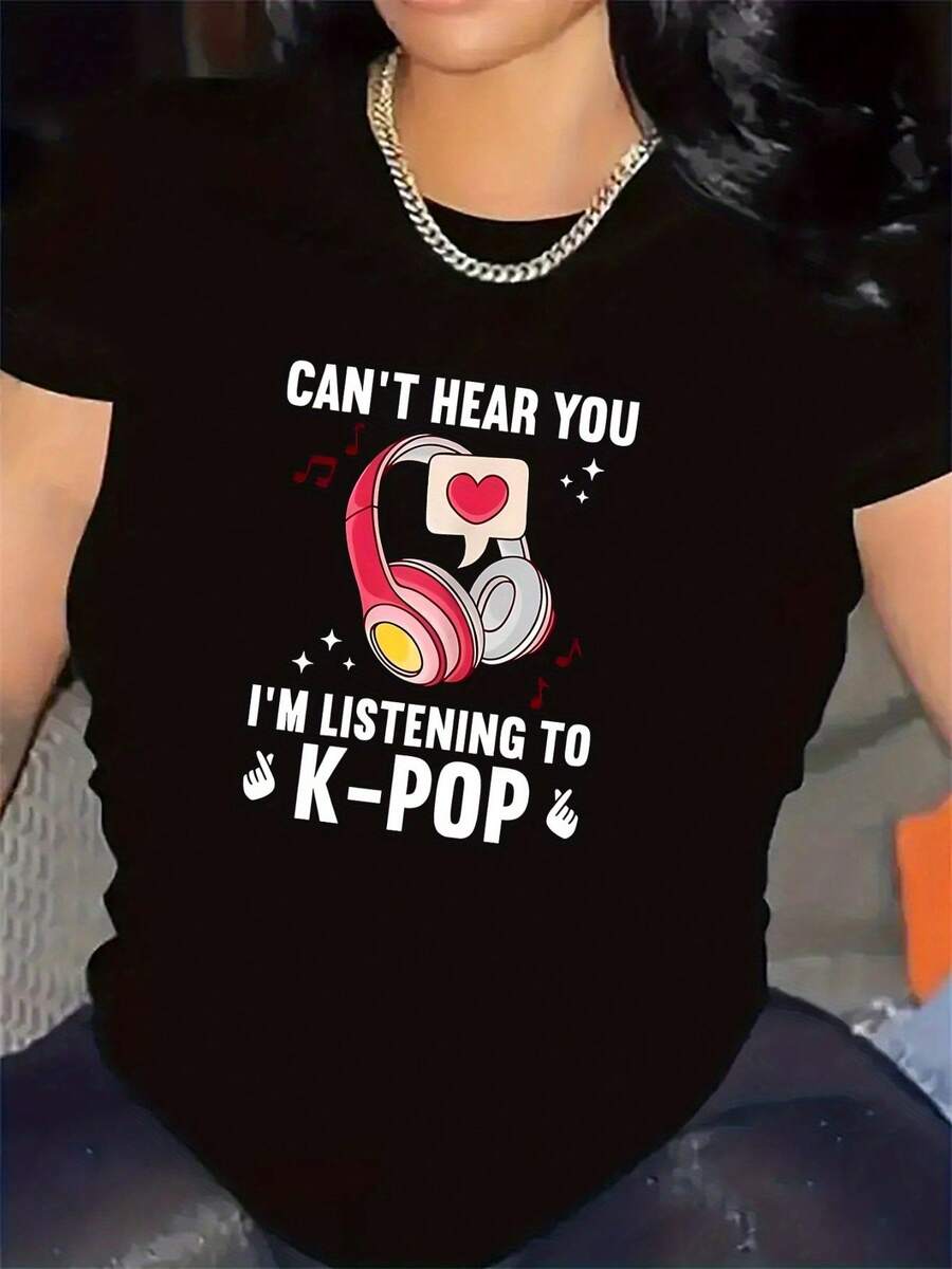 Talla Grande - Talla Grande - Camiseta Gráfica K-Pop para Mujer | Camiseta Suave con Eslogan "No Puedo Escucharte Estoy Escuchando K-Pop" - Casual para el Día a Día, Cuello Redondo, Tejido Ligeramente Elástico, Patrón Geométrico - Mercancía K-Pop Lavable a Máquina