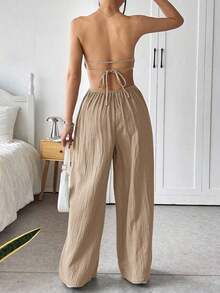 Mono de pierna ancha informal de mujer de talla grande, de algodón, con tirantes finos y espalda descubierta, para verano - Caqui - Ver 2