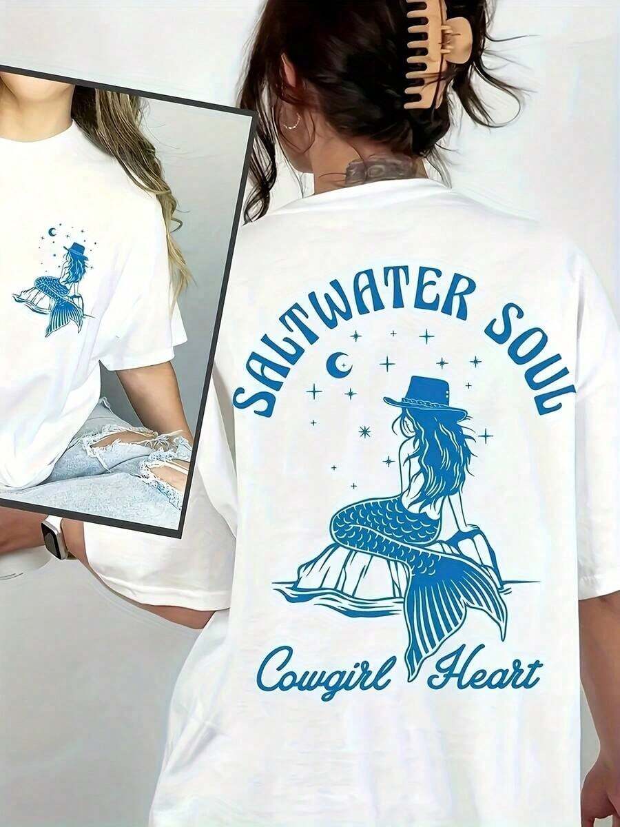 Camiseta estampada estilo coreano de manga corta y longitud media unisex de algodón SKLK - Blanco - Ver 1