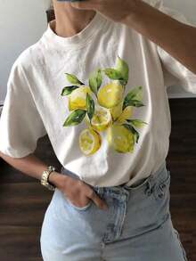 Camisa Casual de Manga Corta con Estampado de Limones [Diseño] Tayzi WIP2 - Blanco - Ver 1