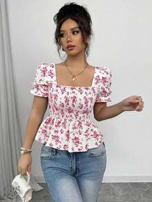 Blusa de mujer con estampado floral diminuto, mangas abullonadas y dobladillo con volantes - Rojo y blanco - Ver 7
