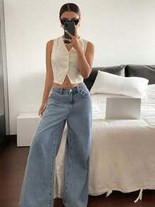 Top sin mangas blanco puro con bordado, de estilo "Old Money", casual y lindo para verano, para salir - Albaricoque - Ver 4