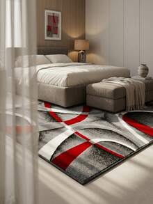 1pc Luxury Elegant Minimalist Modern Abstract Geometric Lines Area Rug, European & American , Red-Gray Rectangular Soft Faux Wool Washable Carpet, Suitable For Living Room, Bedroom, Entryway, Bathroom, Hallway, Patio, Kitchen, Indoor Outdoor, All Season Large Size Mat, Home Decor - Multicolor - View 2