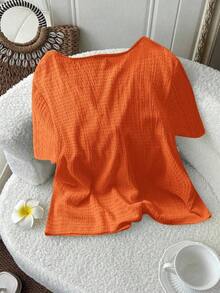 Blusa casual de manga corta con nudo delantero de unicolor para mujer de talla grande - Naranja - Ver 2