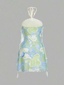 Vestido de malla elástica de punto para mujeres con decoración floral, volantes sin mangas en color lila - Verde - Ver 6