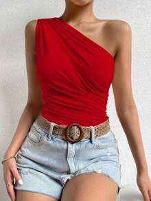 Parte superior de un solo hombro con plisado de unicolor informal de verano para mujer - Rojo - Ver 3