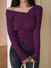 Blusa casual de mujer de punto acanalado con botones y manga corta - Morado Violeta - Ver 3