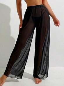 Swim Basics Pantalones de cobertura de malla transparente sólida para el verano - Negro - Ver 5
